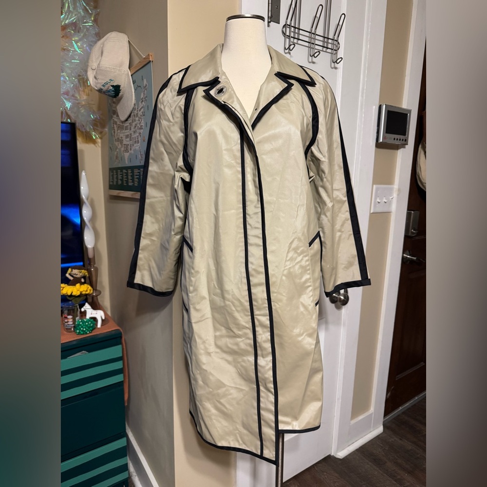 Small Stylish Dennis Basso Beige Women's Rain Trench Coat w/Black Trim